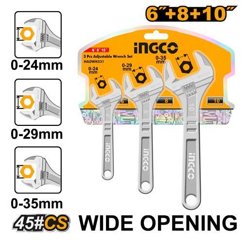 Ingco HADWK031 3 Pcs Adjustable Wrench Set