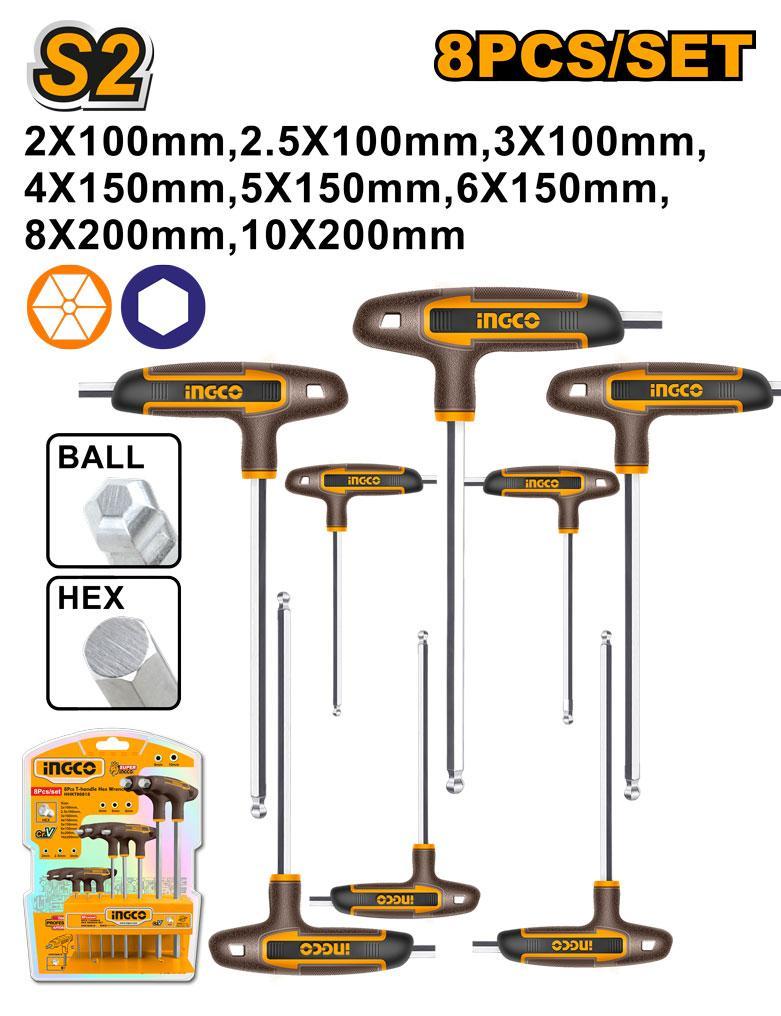 Ingco HHKT80828 8 Pcs T-handle Ball Point Hex Wrench Set